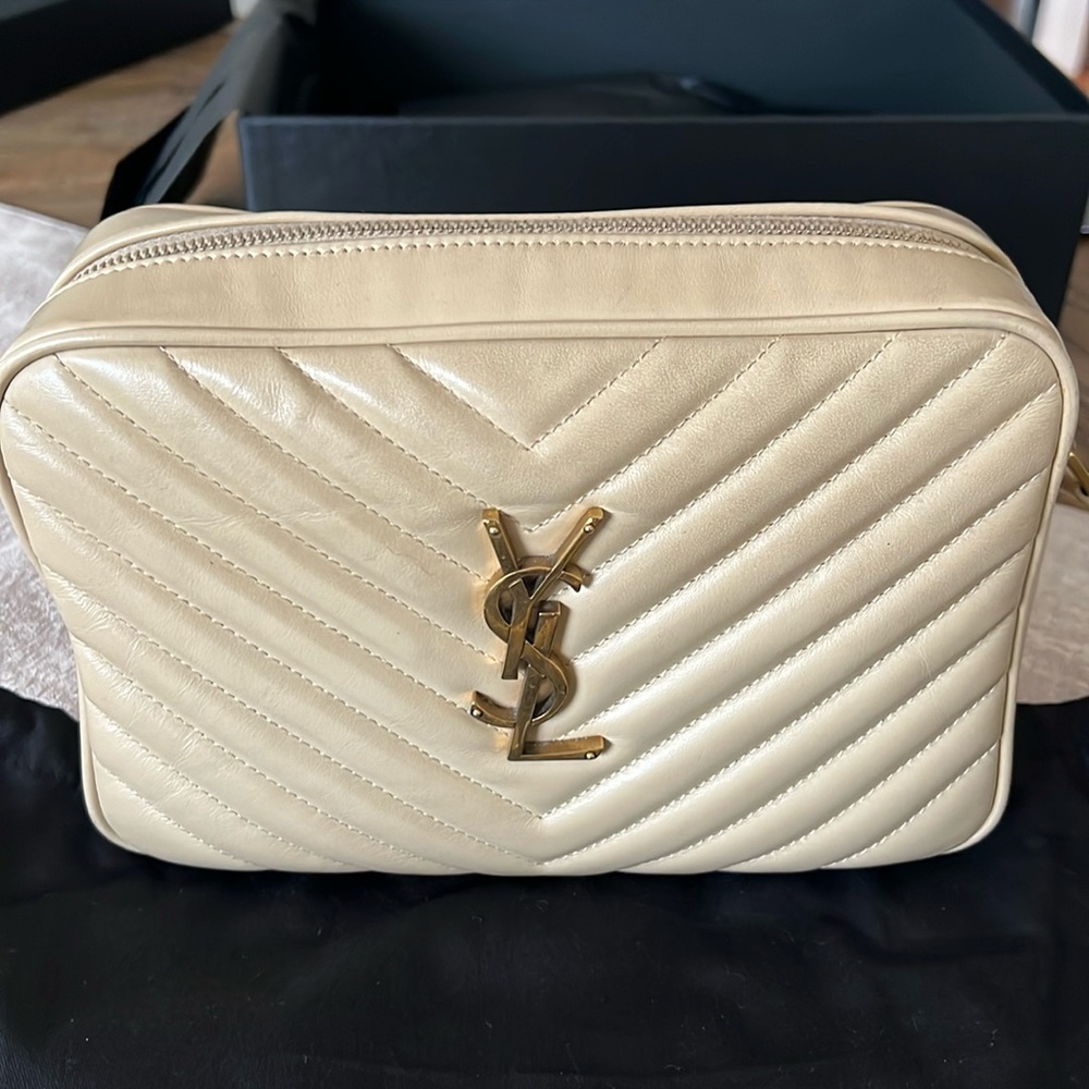 YSL Medium Lou Camera Bag quilted calfskin beige